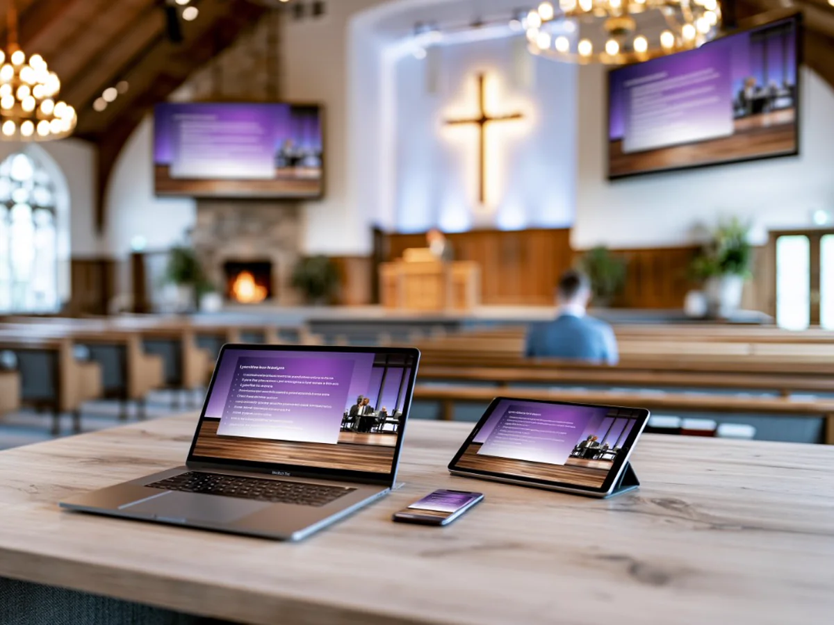 Laptop, tablet, and phone showing a worship presentation synced to large screens in a church sanctuary