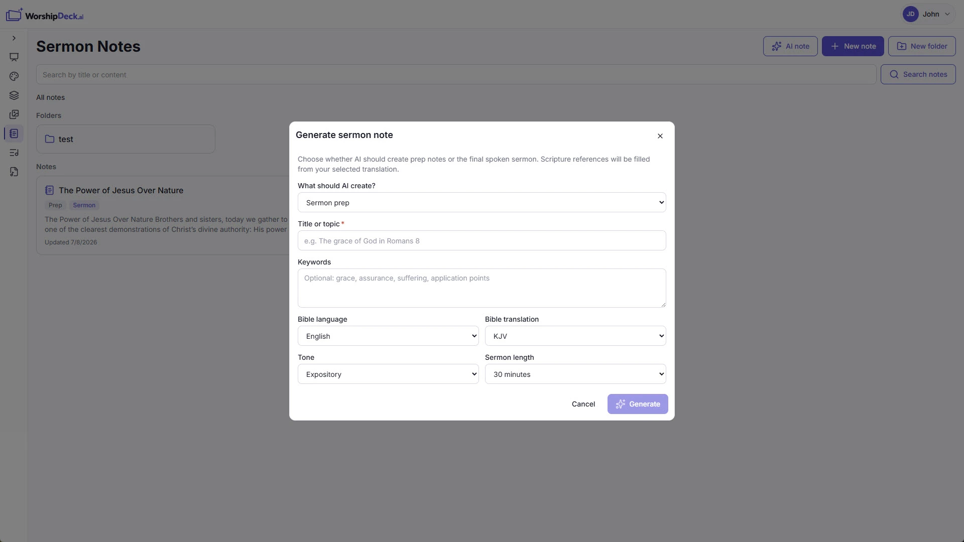 Sermon notes with AI assistance in WorshipDeck