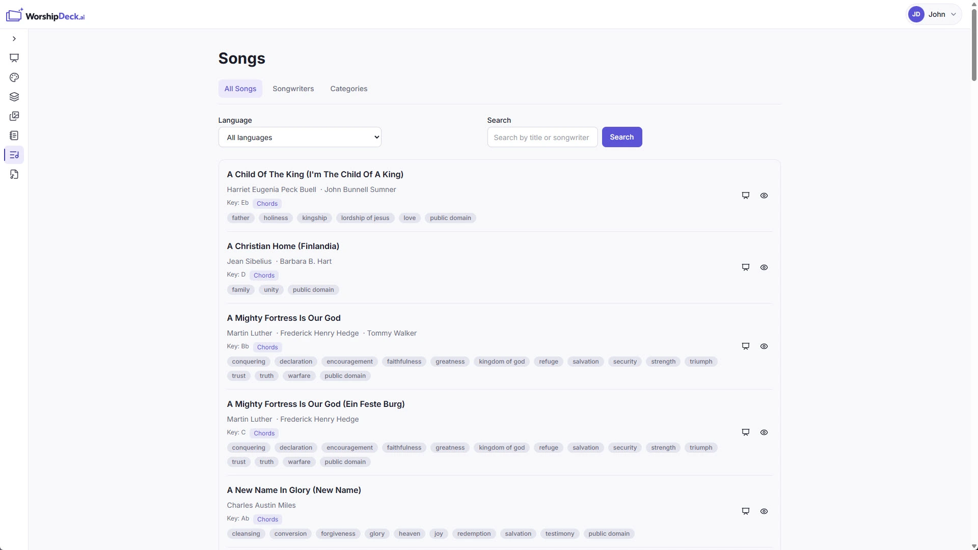 WorshipDeck songs catalog