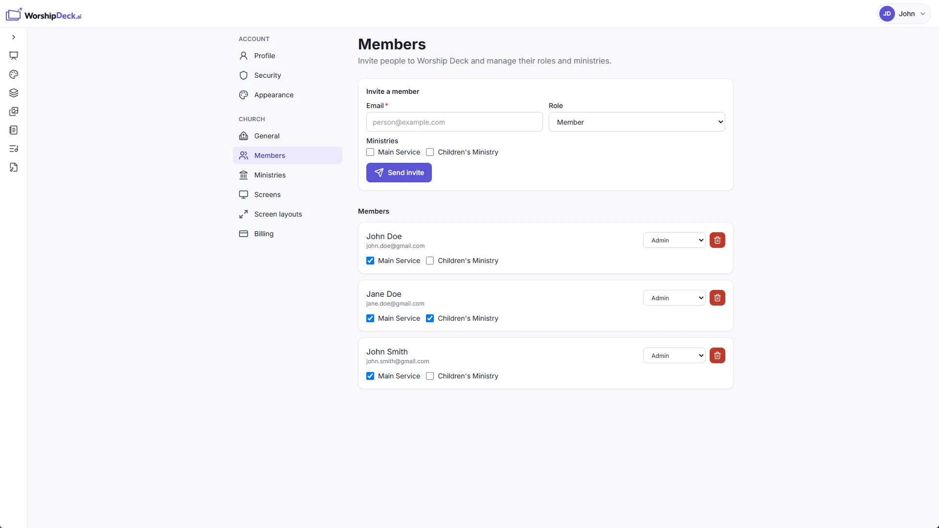 WorshipDeck church member settings